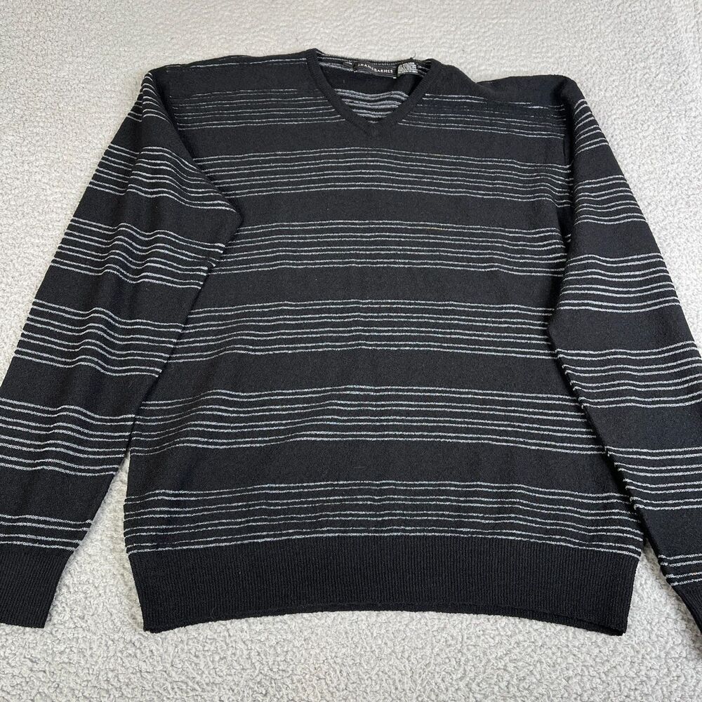 VYG JHANE BARNS Sweater Mens M Striped Black Wool Blend V Neck Long Sleeve